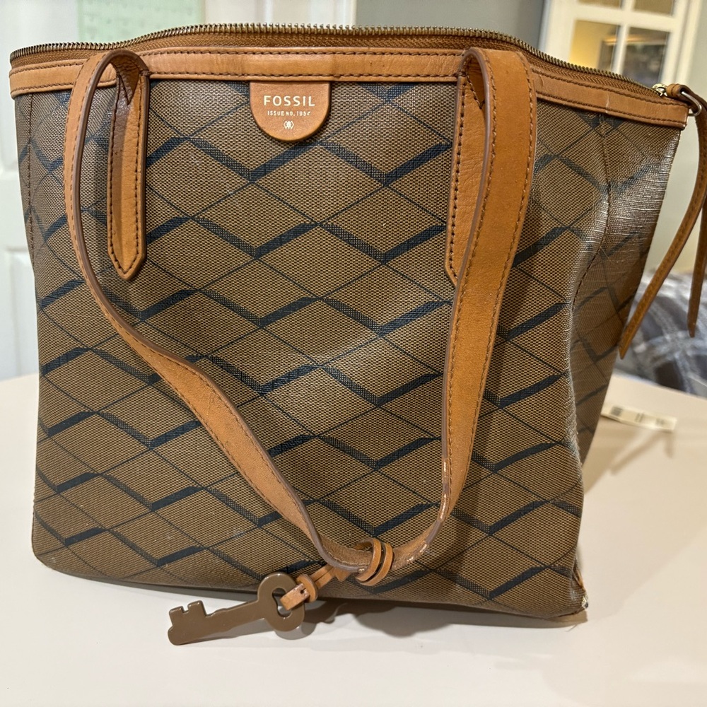 Fossil Vintage Geometric Brown and Tan Tote